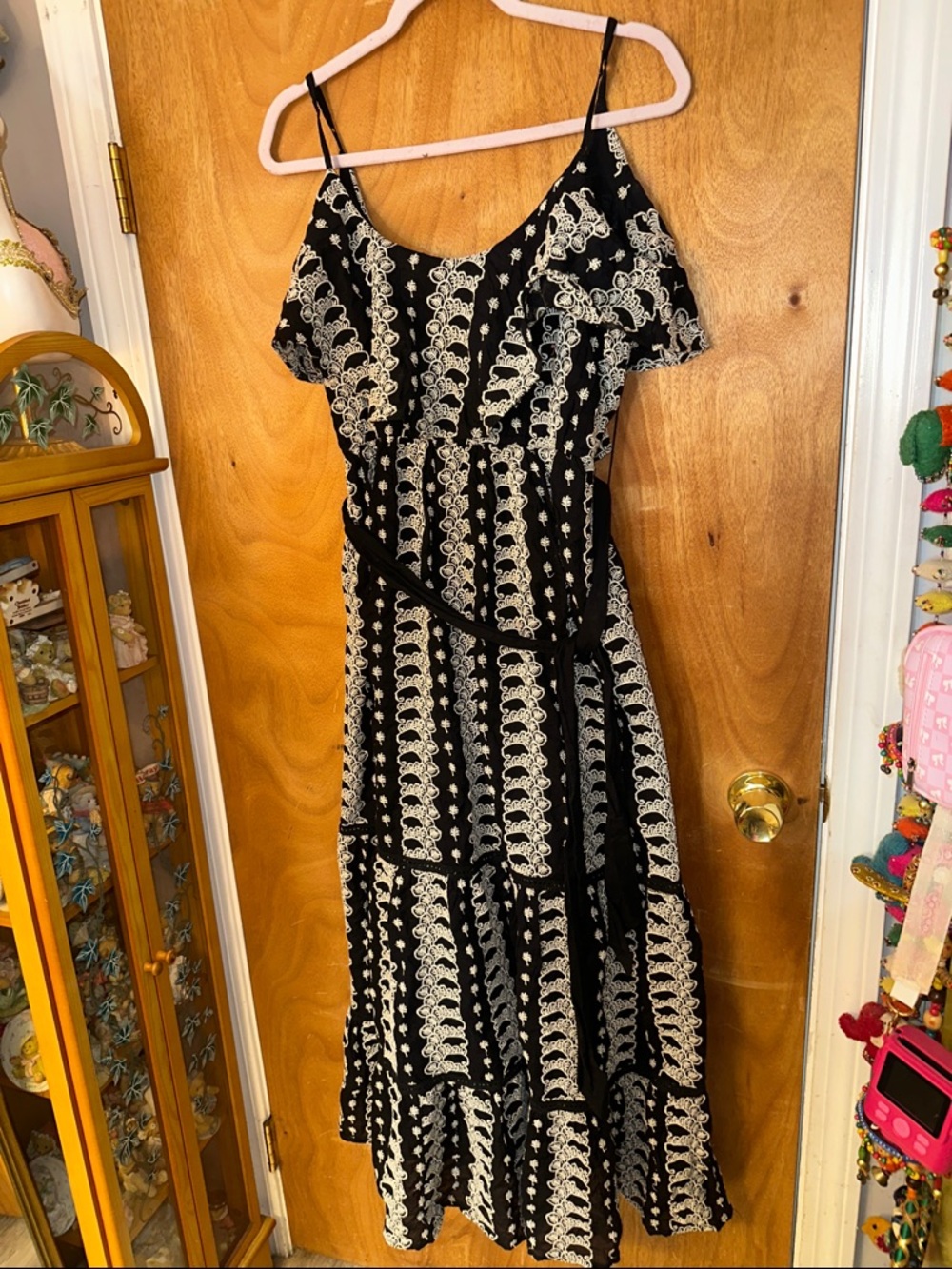 Black and White Printed Cold-Shoulder Maxi Dress with Tie Waist